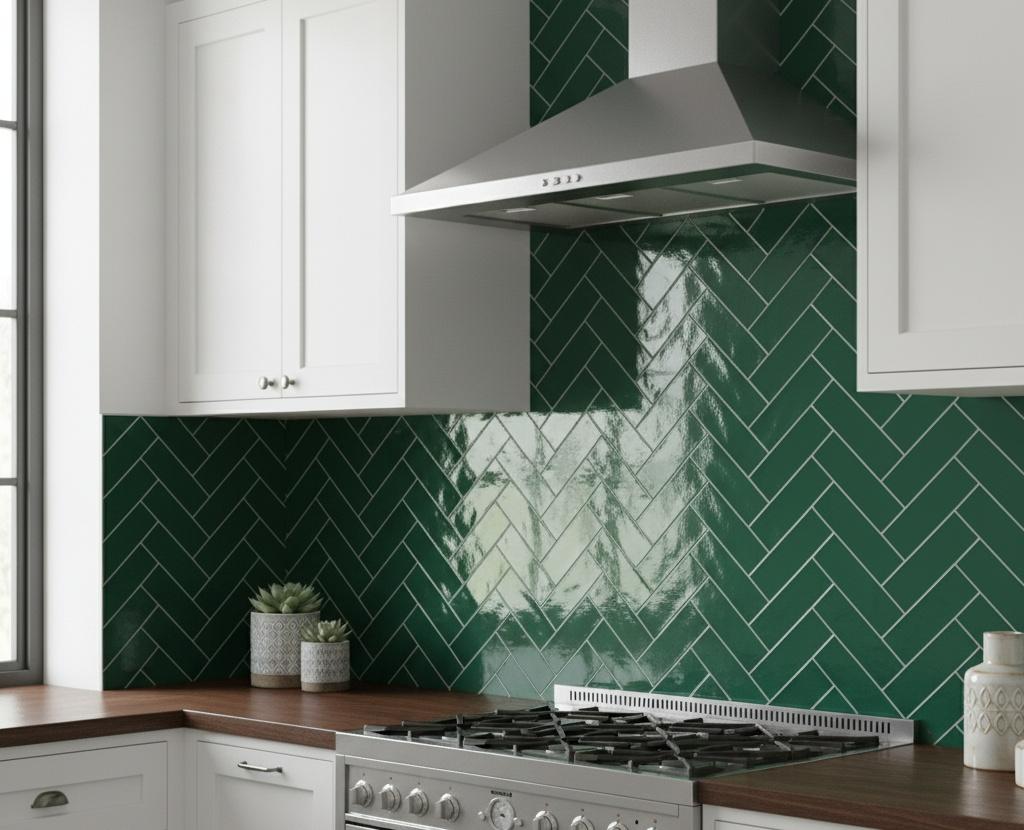 Green subway tile kitchen backsplash in herringbone pattern with white cabinets