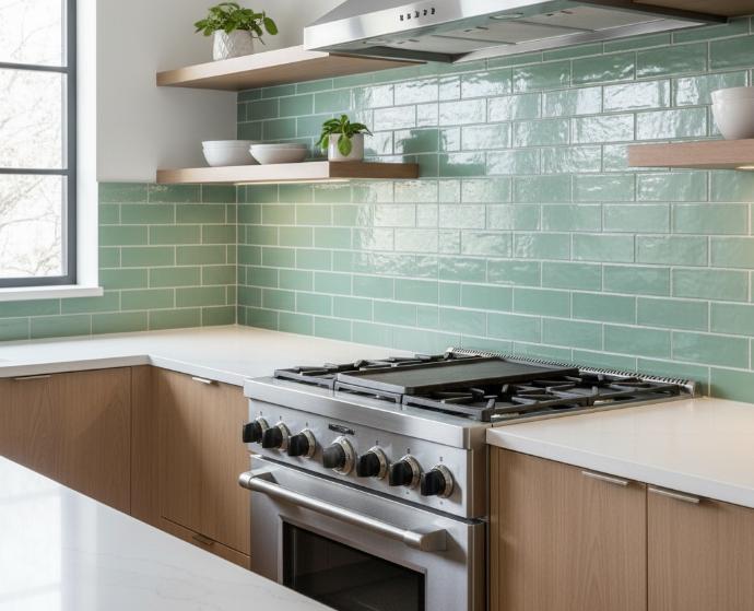 Mint subway tile backsplash