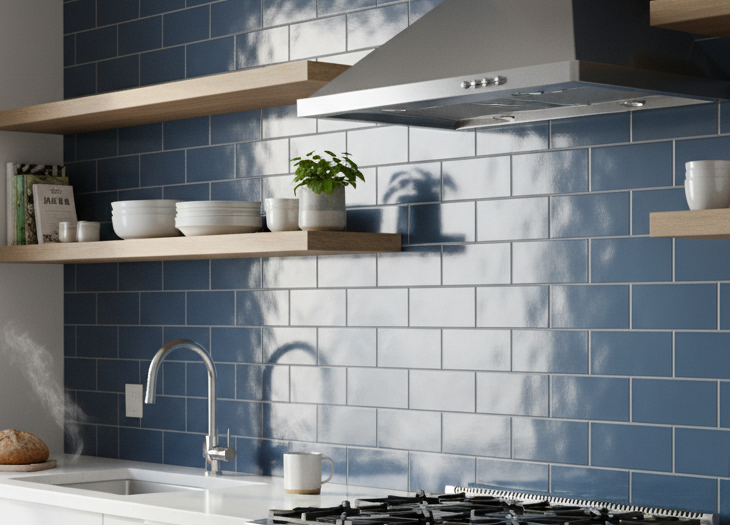 A contemporary kitchen featuring a full-wall backsplash of shiny, deep blue ceramic subway tiles with light grout
