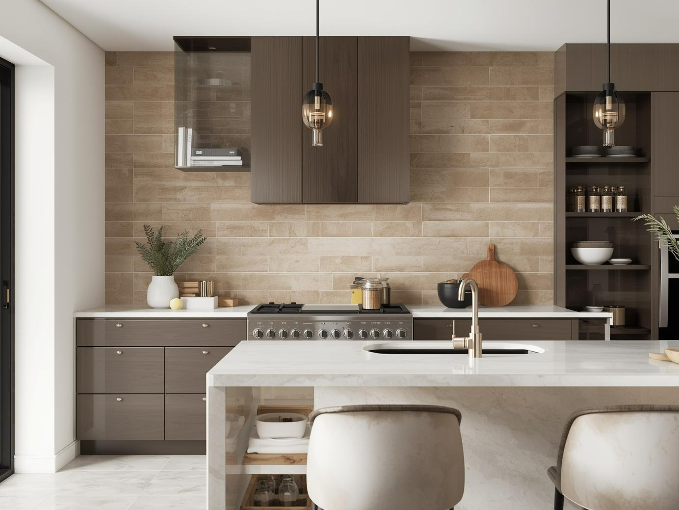Beige wood-look subway tile backsplash in modern kitchen with dark cabinets