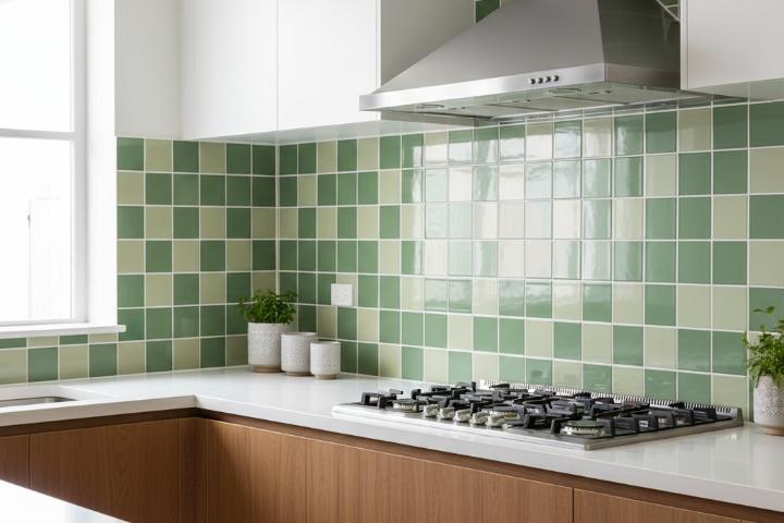 Checkerboard pattern combining sage green and cream subway tiles with white grout in modern kitchen backsplash