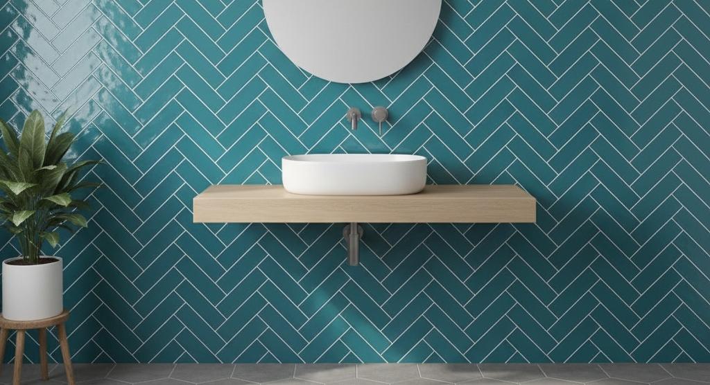 A modern bathroom vanity area featuring a wall completely covered in glossy, teal-blue subway tiles installed in a white-grouted herringbone pattern.