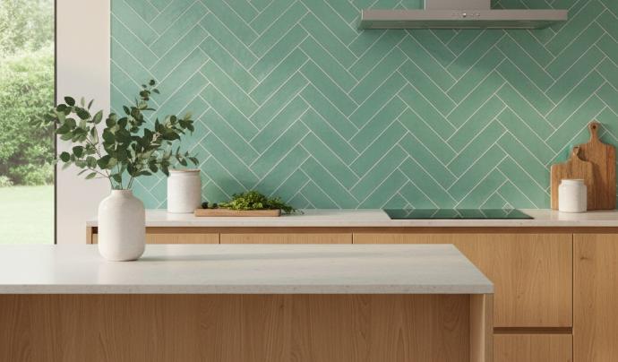 Emerald green subway tiles arranged in traditional horizontal brick pattern for kitchen backsplash