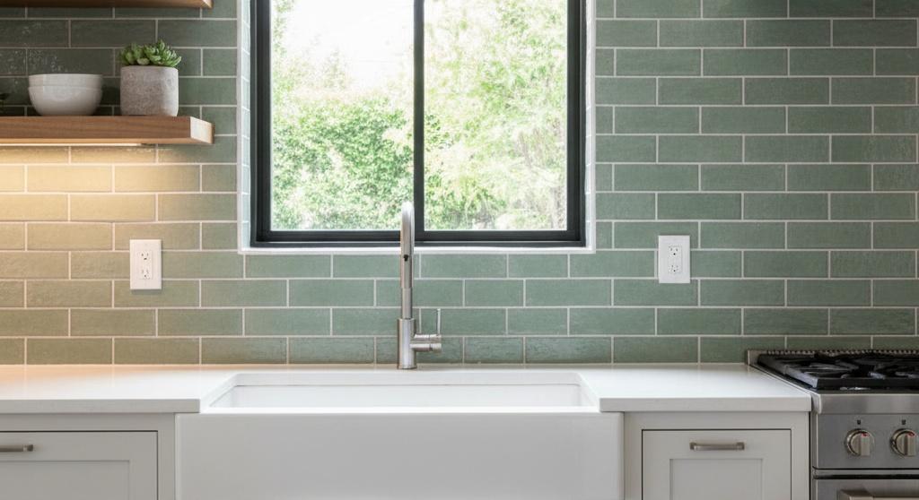 Emerald green subway tiles installed in  kitchen backsplash 