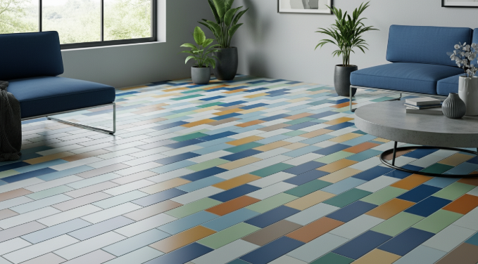 Modification of colors through mixing different hues of subway tile application.