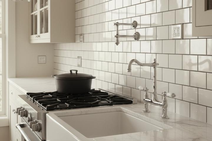 White glossy subway tiles with dark grout in vintage-style kitchen backsplash with chrome fixtures