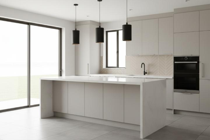 Contemporary chevron subway tile backsplash in neutral beige with matching grout and matte black faucet