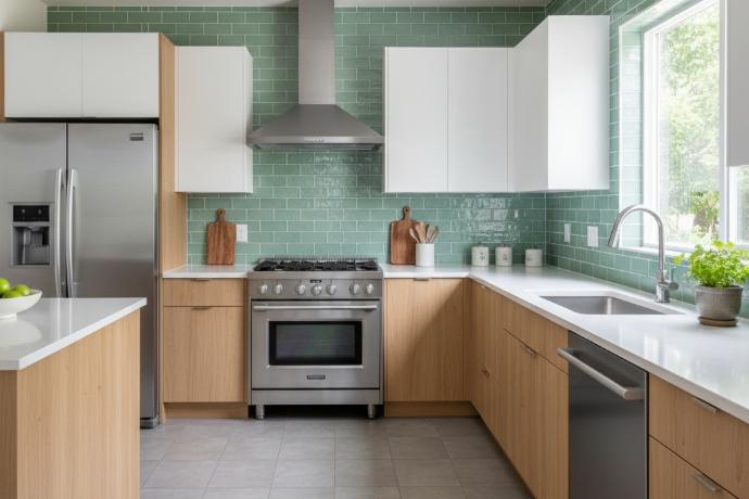 Kitchen featuring seafoam green backsplash with cabinet and white marble countertop