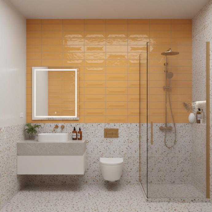 Modern bathroom with terrazzo and a bright Yellow subway tile bathroom backsplash above the vanity and shower.