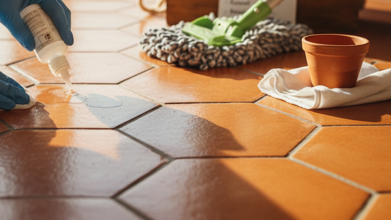 sealing-a-hexagonal-orange-tile-floor