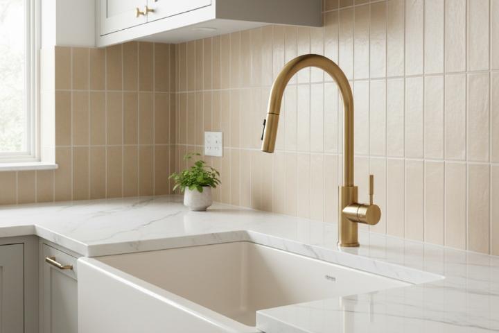 Sand-colored subway tiles in vertical layout behind kitchen sink with brass faucet and marble countertop