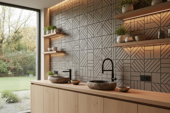 Warm gray subway tiles with dark grout creating graphic pattern on modern organic kitchen wall