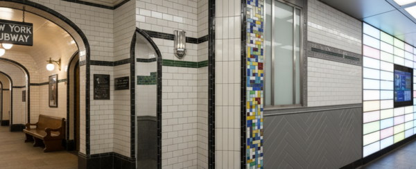 A panorama showing the evolution of subway tiles, from classic white to modern colorful and textured designs in various subway stations.