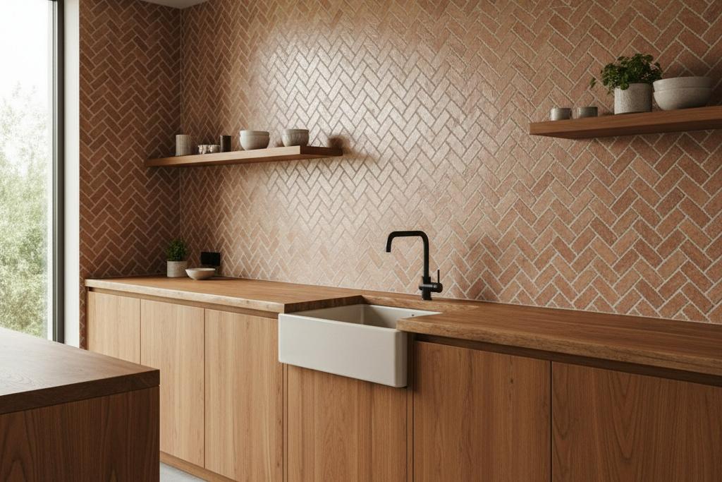 Herringbone subway tile backsplash in modern kitchen with wooden cabinets