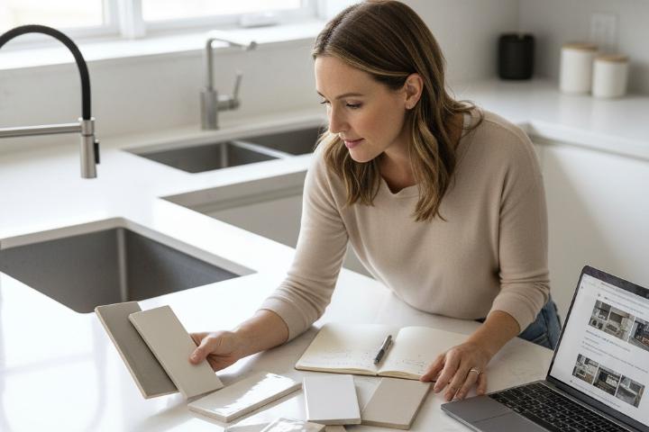 Homeowner comparing multiple subway tile samples against kitchen countertop to test color coordination before purchasing