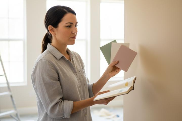 Interior designer holding tile samples against painted wall in natural daylight to evaluate color accuracy