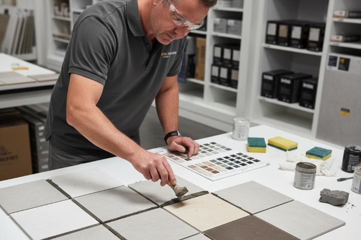 Contractor demonstrating grout color testing on tile samples using different grout shades for comparison