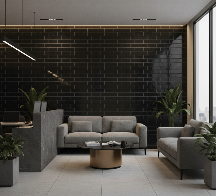 Office receiving area with a black subway tiled accent wall, featuring a dark reception desk and a lounge area with a gray sofa and gold coffee table.