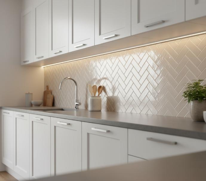 Herringbone subway tile pattern in modern kitchen backsplash