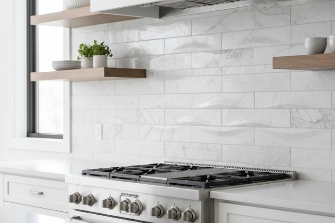 White marble wavy subway tile with dimensional texture on kitchen backsplash.