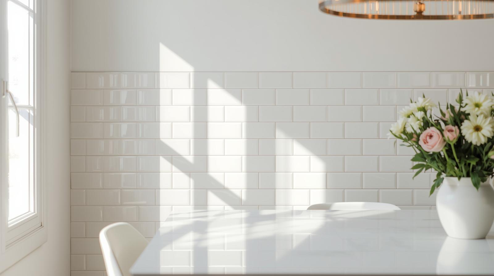 Classic white subway tiles creating elegant dining room feature wall