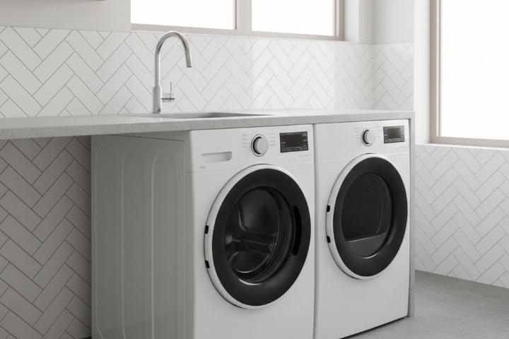 White subway tile in herringbone pattern behind modern washing machine in bright laundry room