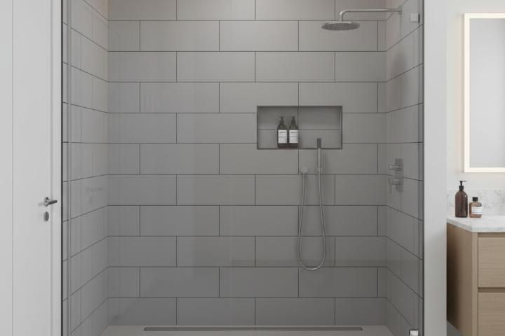 Oversized 4x12 matte porcelain subway tile in modern bathroom shower installation