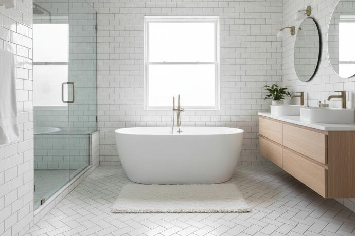 White herringbone flooring and standard subway tile pattern bathroom