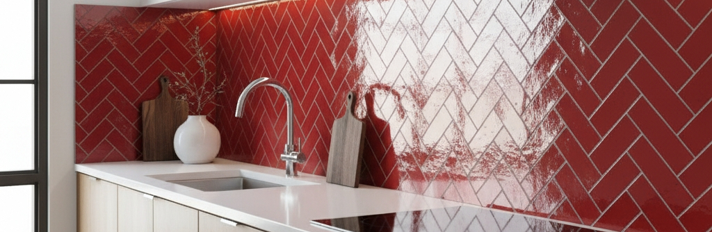 Herringbone pattern red subway tile kitchen backsplash