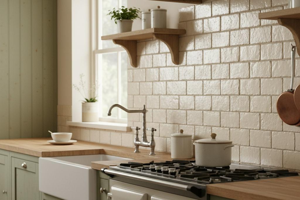 Cream subway tile kitchen backsplash with farmhouse sink and wood countertops