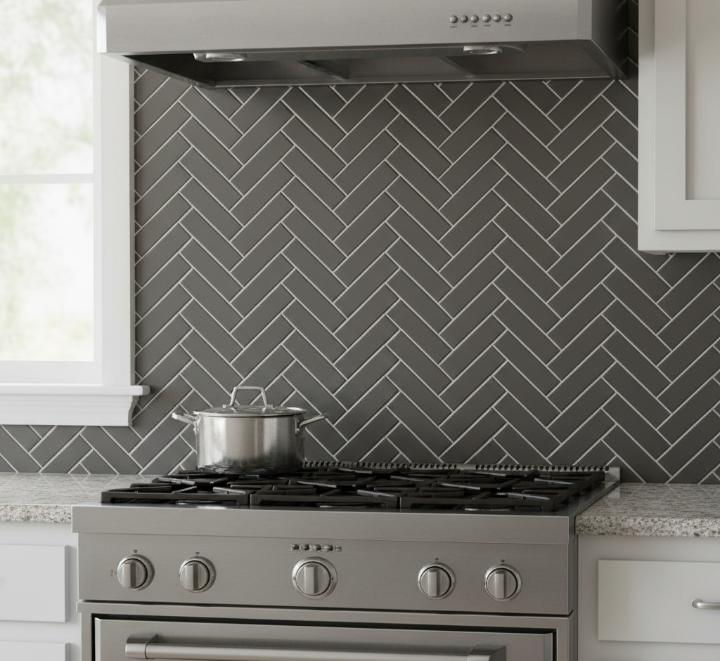 herringbone pattern gray subway tiles