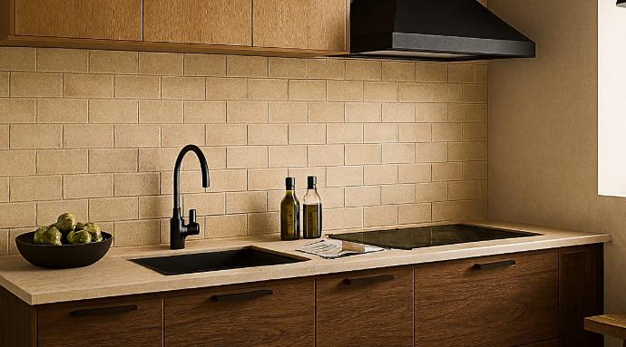 A kitchen scene featuring a backsplash of matte beige subway tiles above a light-colored countertop.