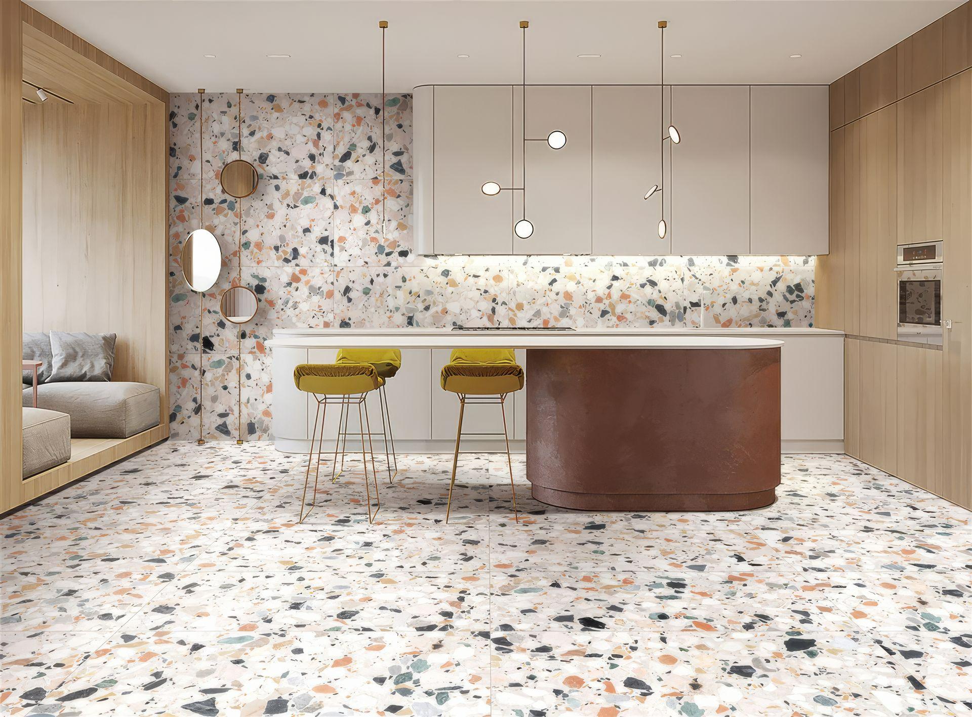 Terrazzo subway tile backsplash and flooring in modern kitchen with speckled aggregate pattern