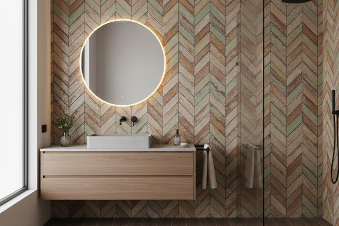 Modern bathroom with a variegated green and terracotta herringbone arrangement subway tile wall and a circular illuminated mirror over a wooden vanity.
