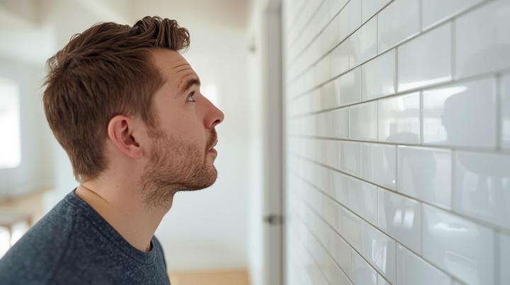 Man inspecting white subway tile wall in home improvement setting, potential bathroom or kitchen backsplash.