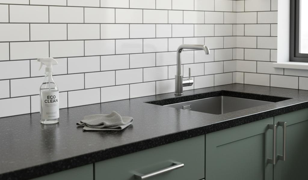 White subway tile backsplash with dark grout lines in modern kitchen showing easy-to-clean surface