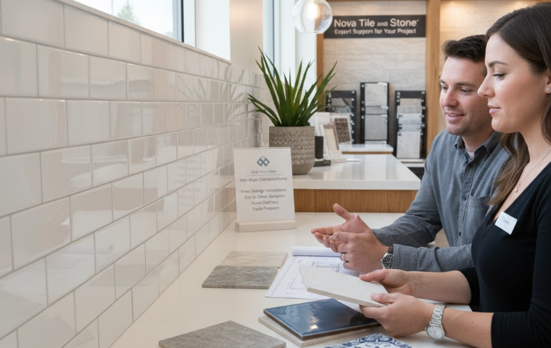 Two people, a man and a woman, discussing tile options in a showroom with a white countertop and a wall display of glossy white subway tiles.