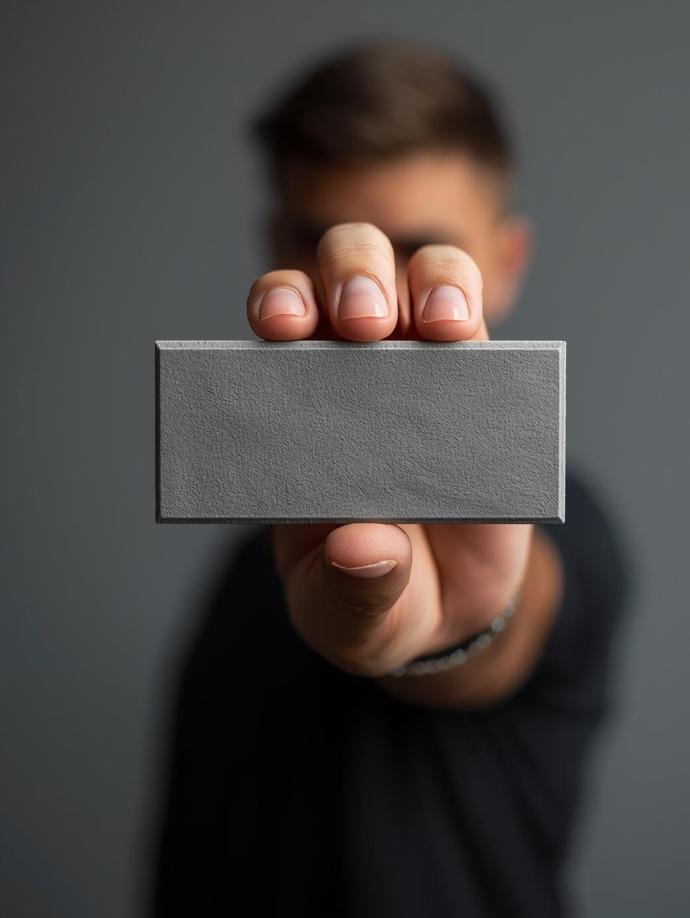A person holds a single rectangular grey, textured tile towards the camera, suggesting premium materials for luxury applications.