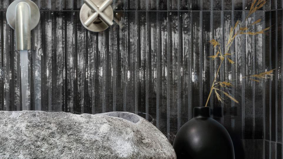 linear 5x10 glossy 3d subway tile in a modern dark color