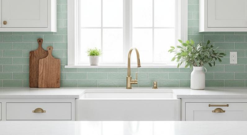 Bright farmhouse kitchen featuring a light mint green subway tile backsplash installed horizontally, a white farmhouse sink, and elegant brass faucet fixtures.