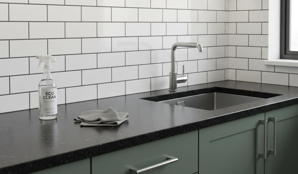 White subway tile backsplash with dark grout lines in modern kitchen showing easy-to-clean surface
