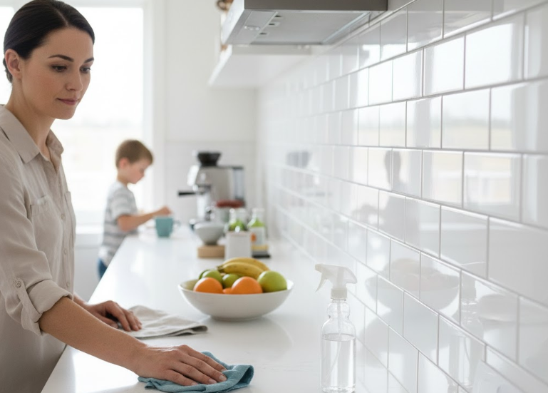 Woman cleaning a bright, modern kitchen with white subway tile backsplash and white countertops, emphasizing cleanliness and easy maintenance of glossy kitchen tiles.