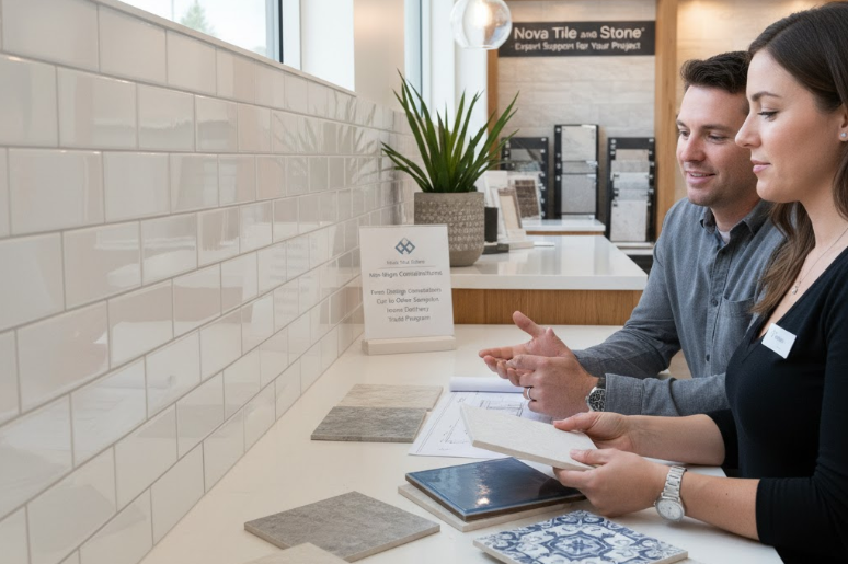 Tile showroom consultants discussing kitchen or bathroom tile selection with a customer, showing glossy white subway tiles and various porcelain and ceramic floor and wall tile.