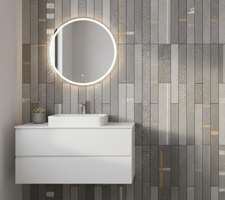 Vertical stack arrangement random finish subway tile inspired bathroom