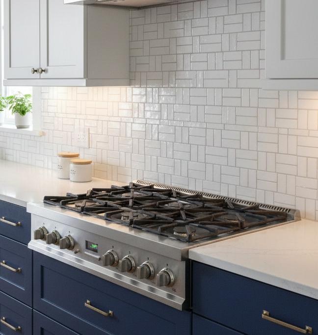 Basketweave pattern subway tile kitchen backsplash