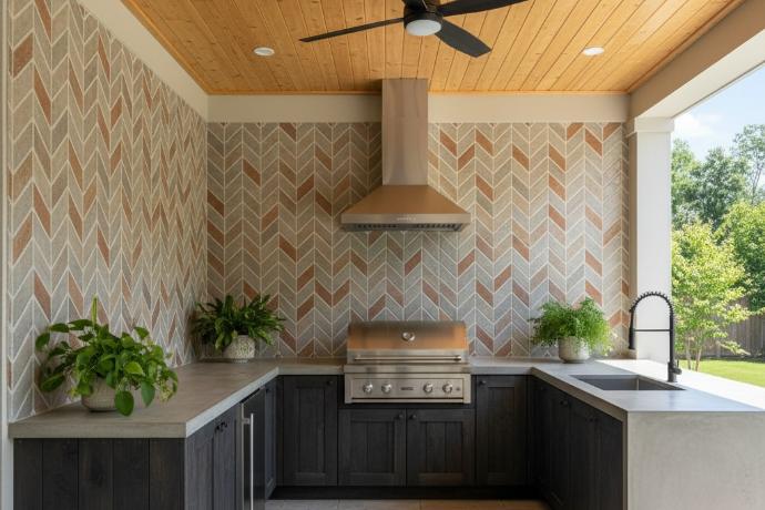 Multi-colred subway tile in chevron pattern