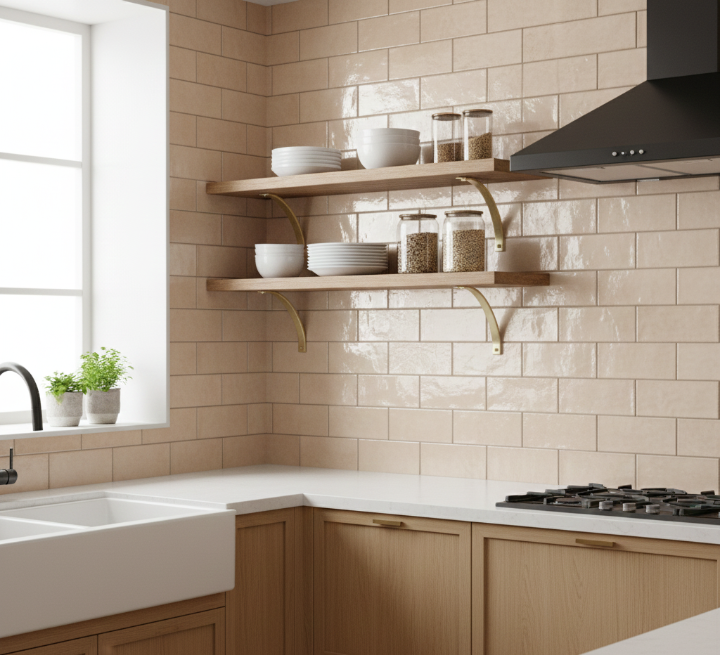 Modern kitchen with an almond glossy subway tile backsplash, natural wood cabinets, and a farmhouse sink.