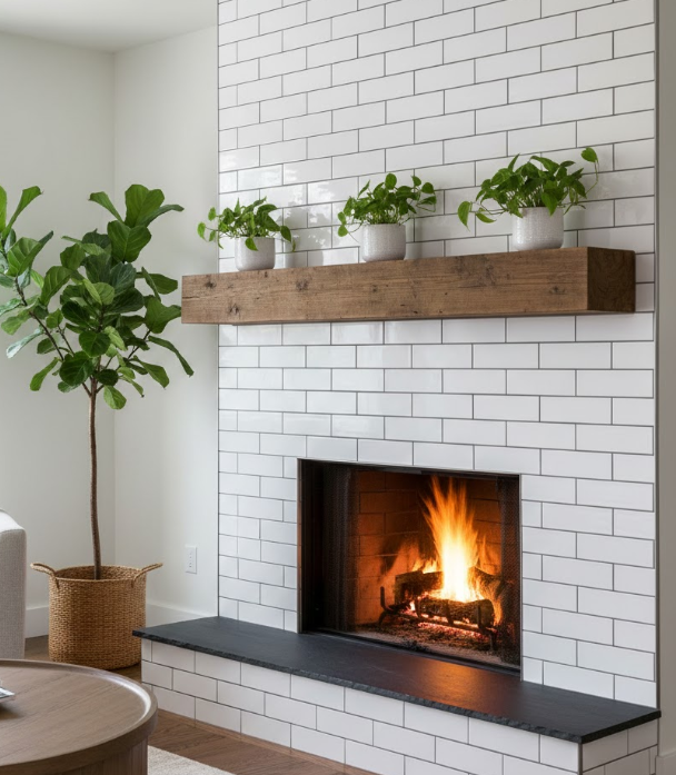 Modern white subway tile fireplace