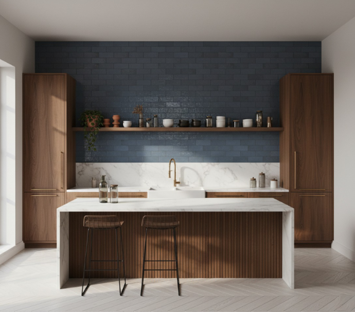 Montera 2.5x9 glossy subway tile in a modern kitchen settings.