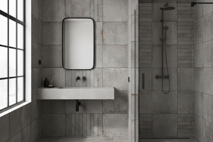 Industrial bathroom featuring a mix of large format and subway tile patterns in monochromatic gray, with a floating concrete sink.